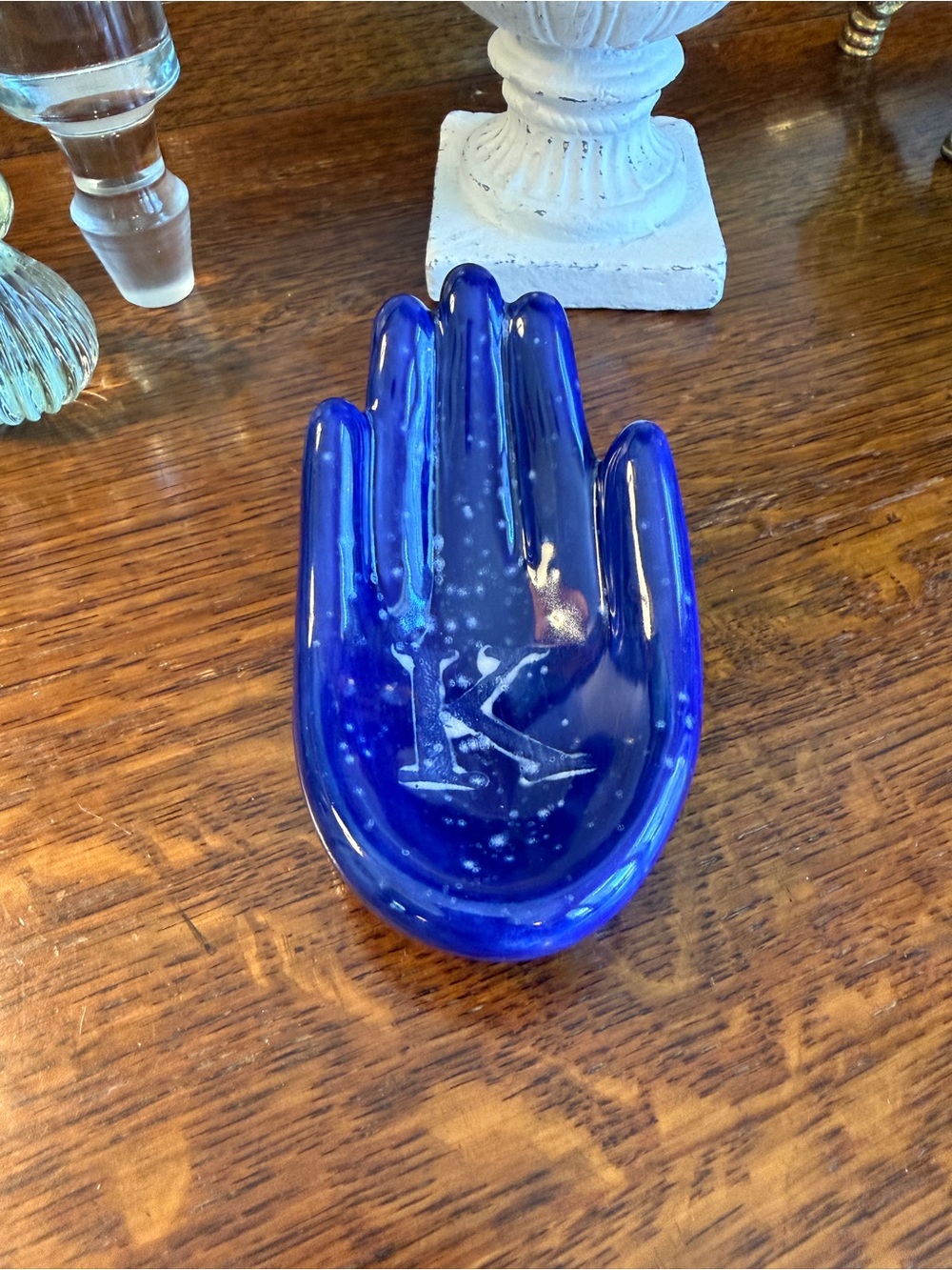 Cobalt Blue Ceramic Hand Dish with Initial “K” - Picture 3 of 12